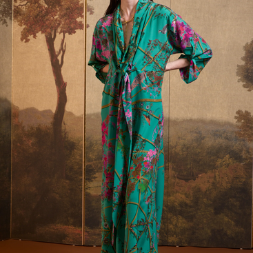 V021 Kimono dress in "Pergola and Birds" print