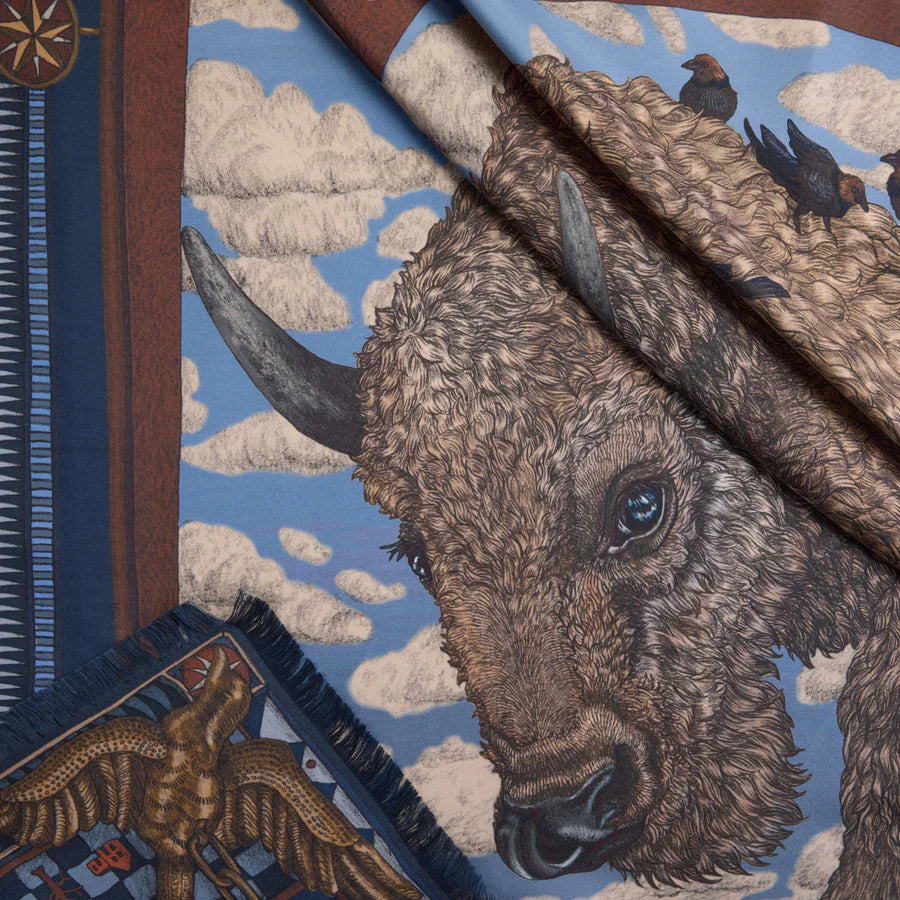 Secrets of the Bison - Large Silk in Chambray/Stone