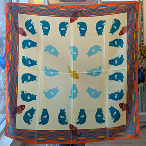 Cream & Teal Pisces Bear Silk Scarf