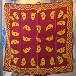 Burgundy & Yellow Pisces Bear Silk Scarf