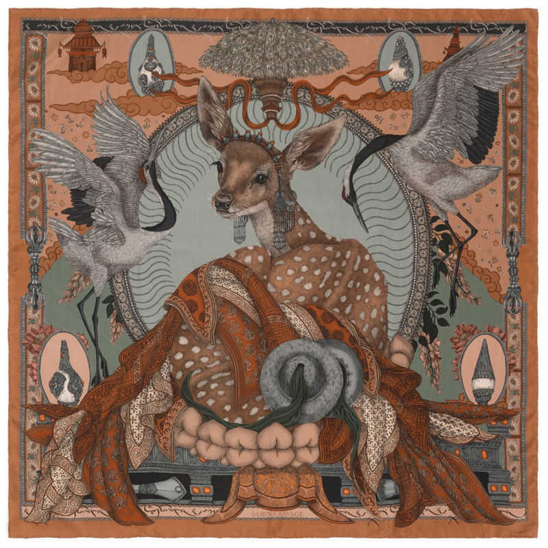 The Song Deer - 90cm x 90cm Silk in Coral/Quartz