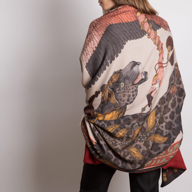 The Panther and Flamingo Lychee Wool Cashmere Shawl