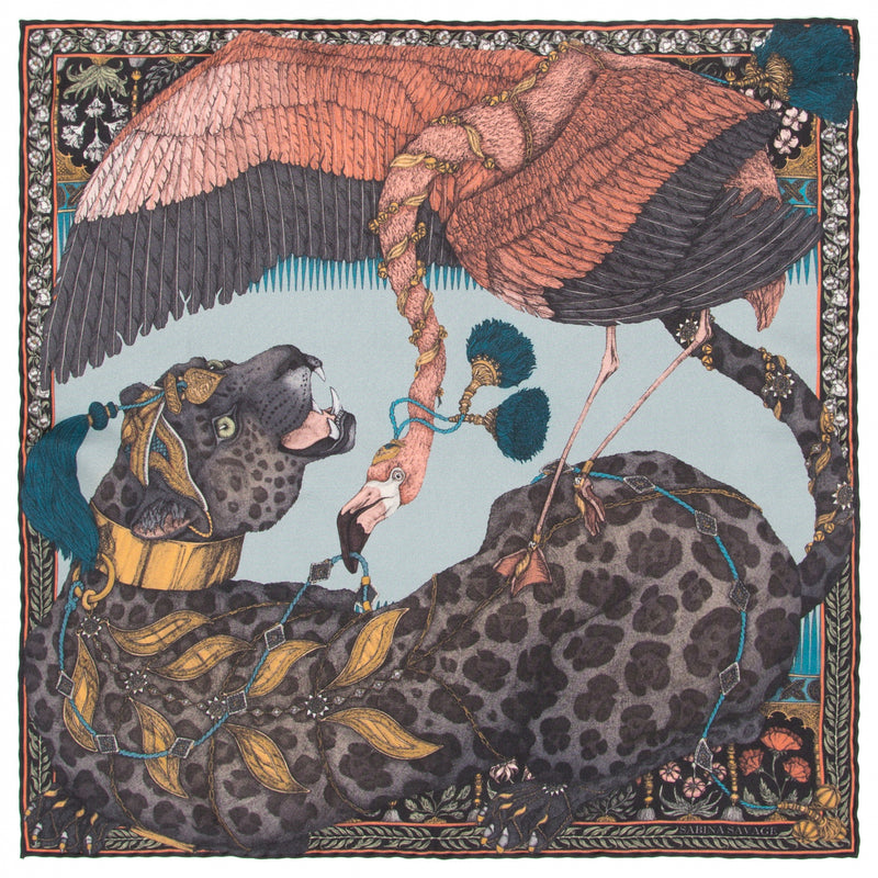 The Panther and Flamingo - Silk Scarf 90 cm x 90 cm