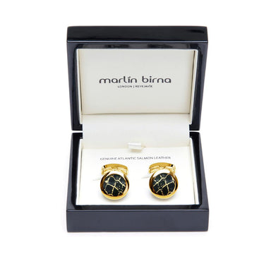 Atlantic Salmon Leather Cufflinks Gold -Tone ▪ Black/Gold Metallic