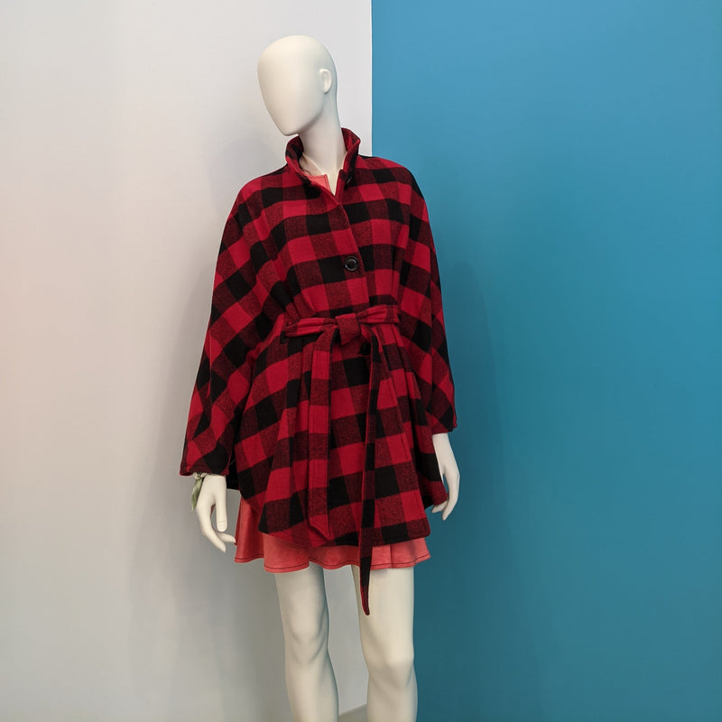 Checks Wool Cape - Red & Black