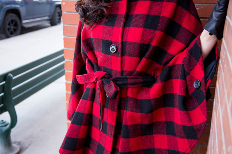 Checks Wool Cape - Red & Black